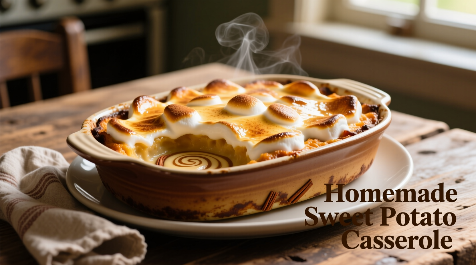 Golden-brown sweet potato casserole with melted marshmallow topping