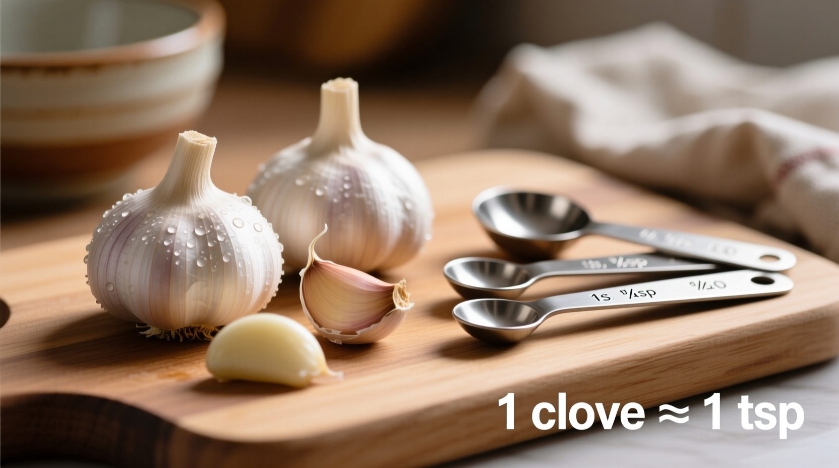 Fresh garlic cloves next to measuring spoons showing conversion
