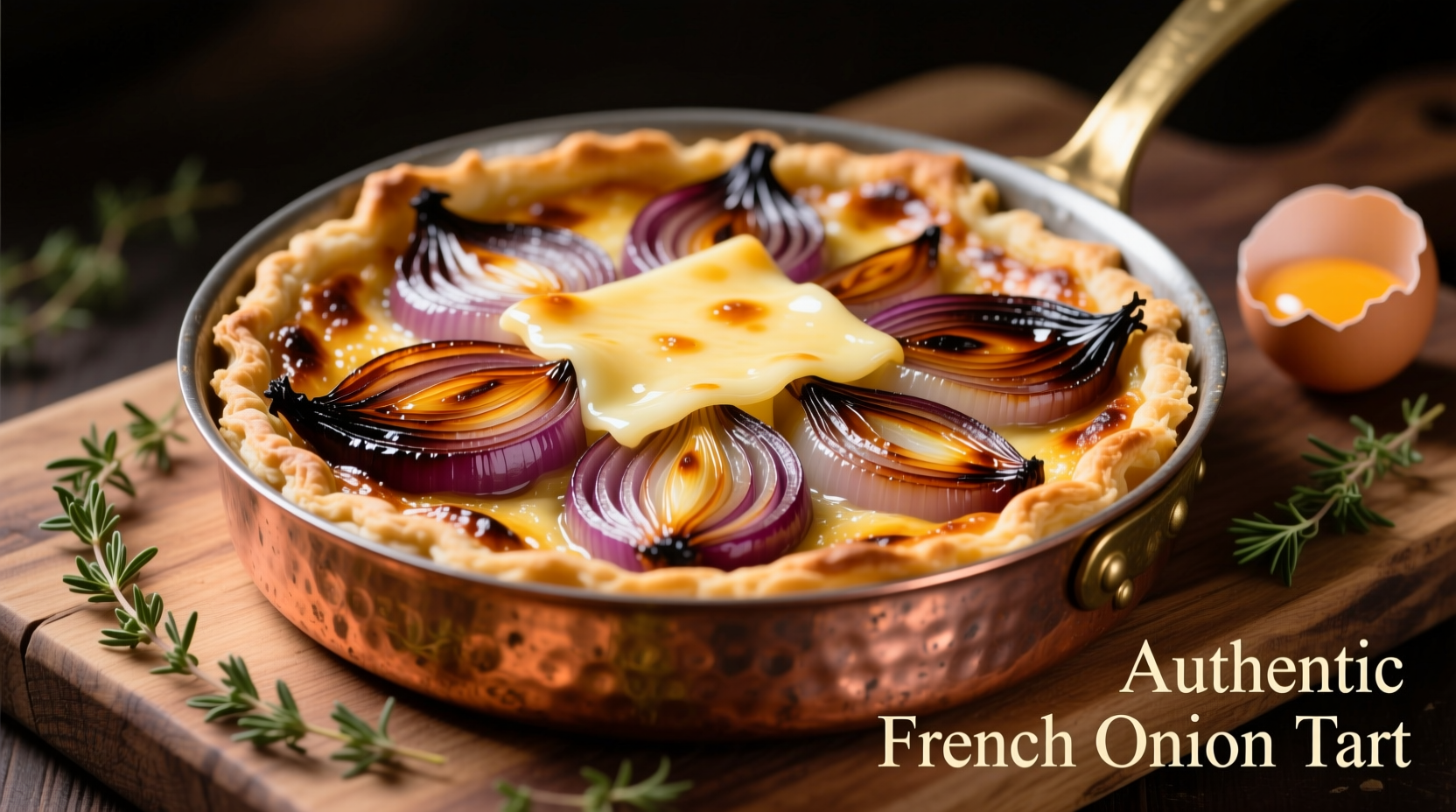 Perfectly caramelized onions in copper pan for French onion tart