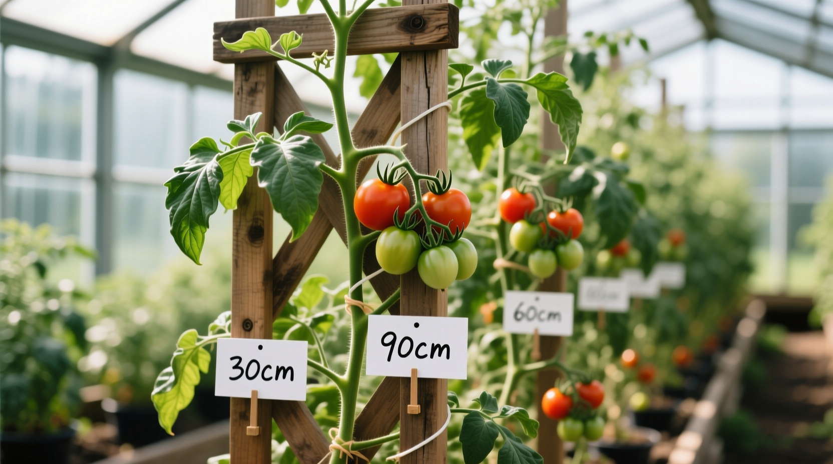 Tomato plants growing on trellis with height markers