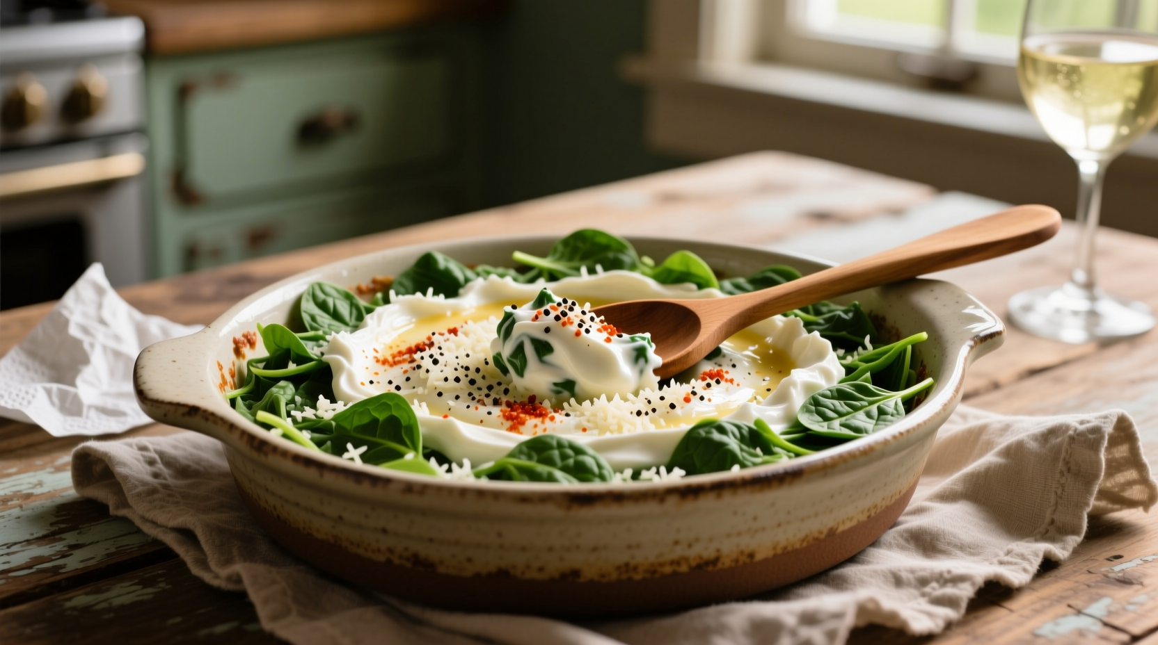 Creamy longhorn spinach dip in serving dish