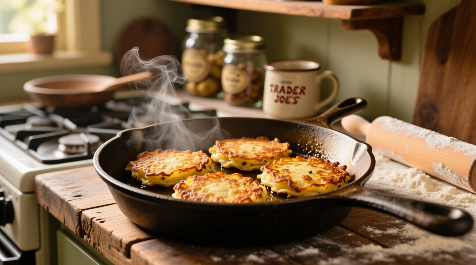 Golden brown Trader Joe's potato pancakes on cast iron skillet