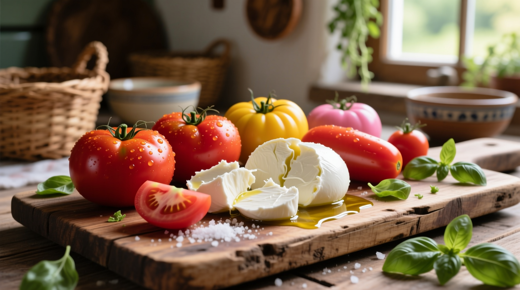 Fresh heirloom tomatoes and buffalo mozzarella on wooden board