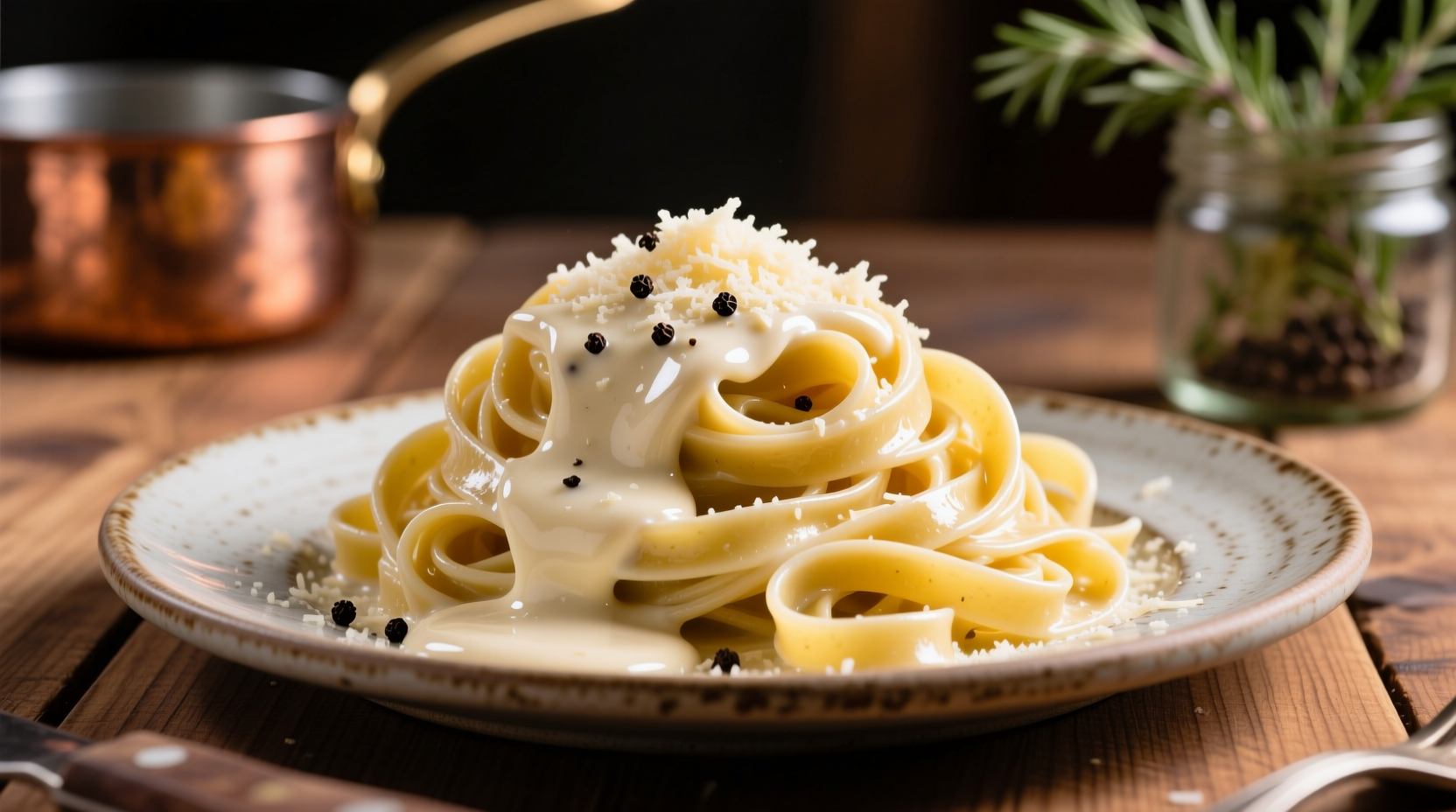 Creamy garlic alfredo sauce poured over fettuccine