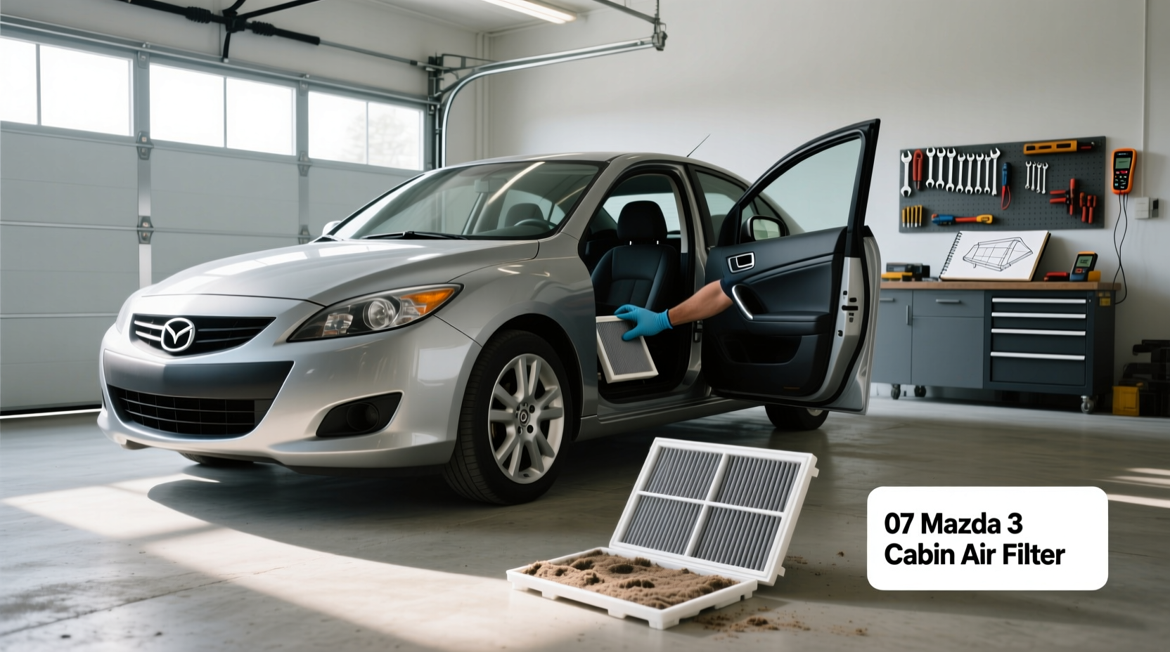 Cabin air filter removed from a 2007 Mazda 3 showing heavy dust accumulation