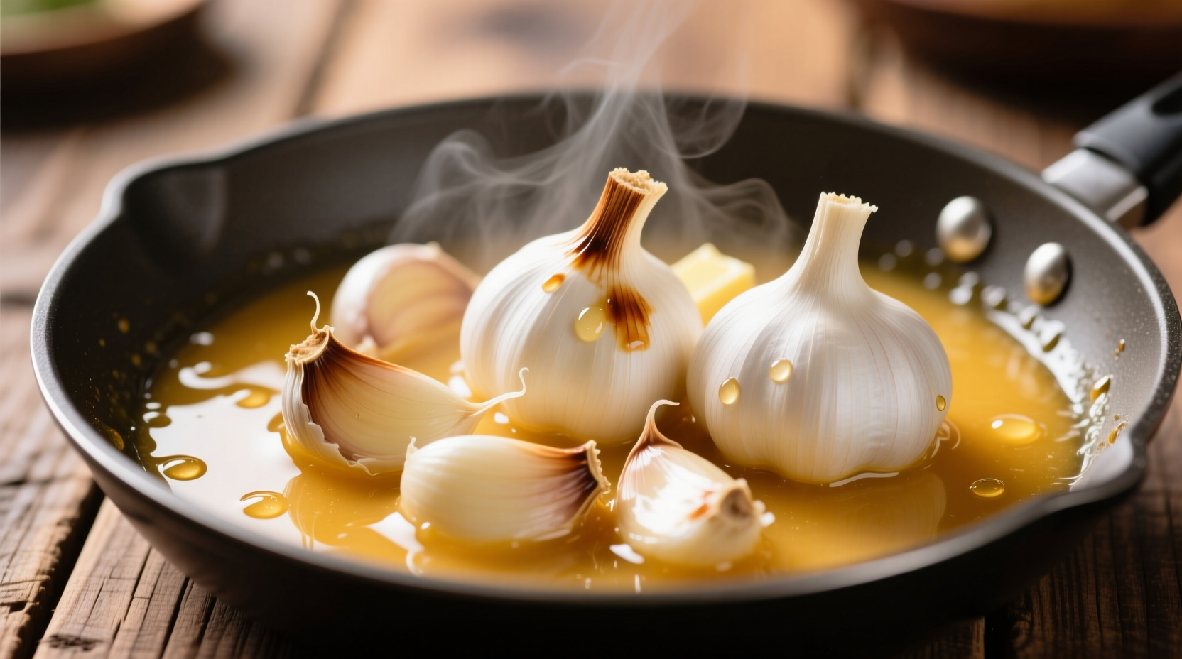 Fresh garlic cloves simmering in golden butter sauce