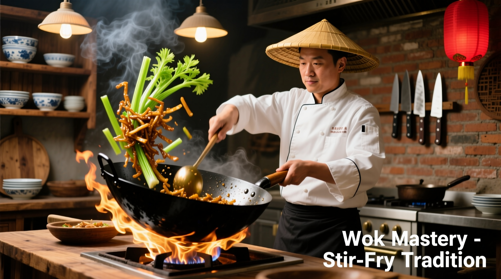 Chef stir frying celery in a traditional wok