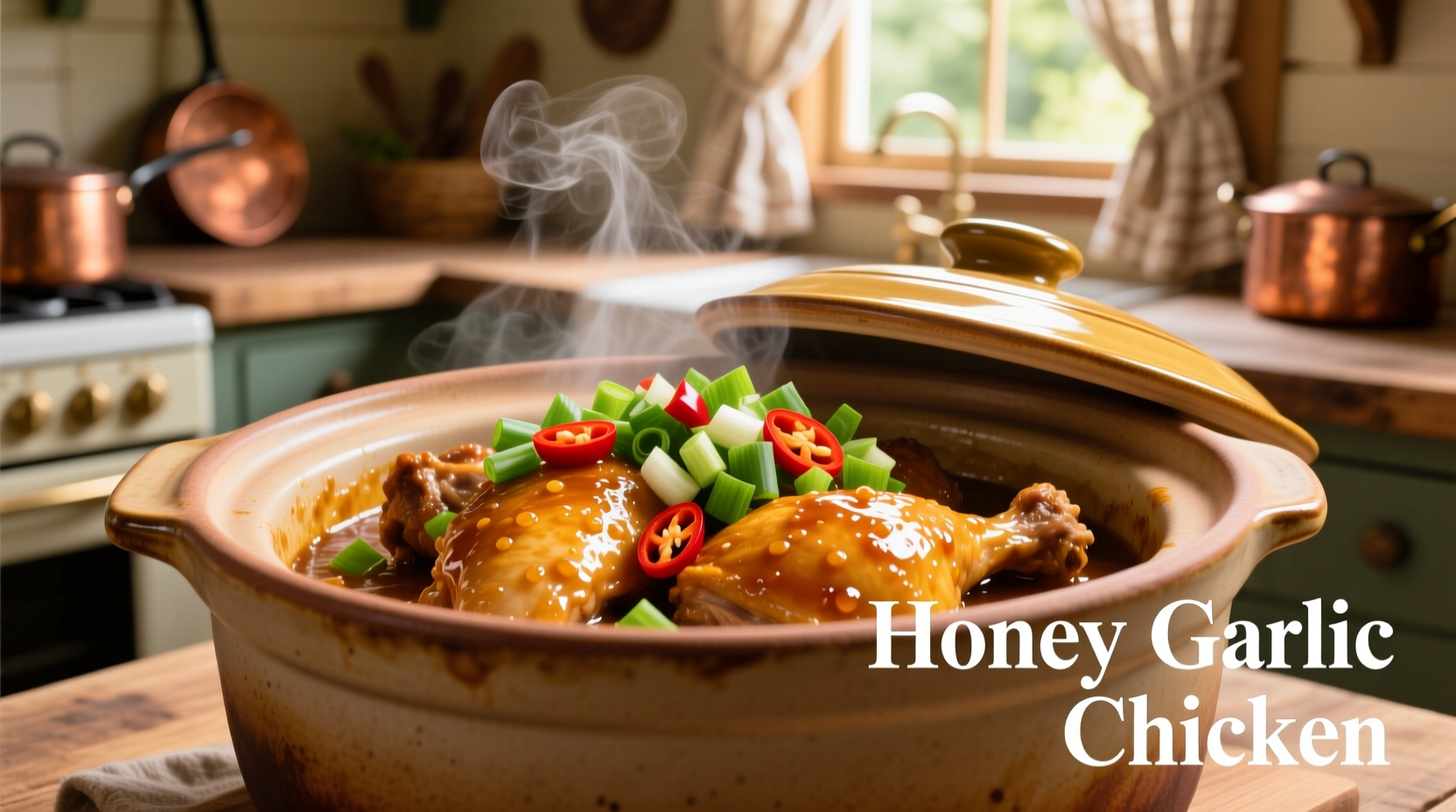 Golden honey garlic chicken in crockpot with fresh garnish