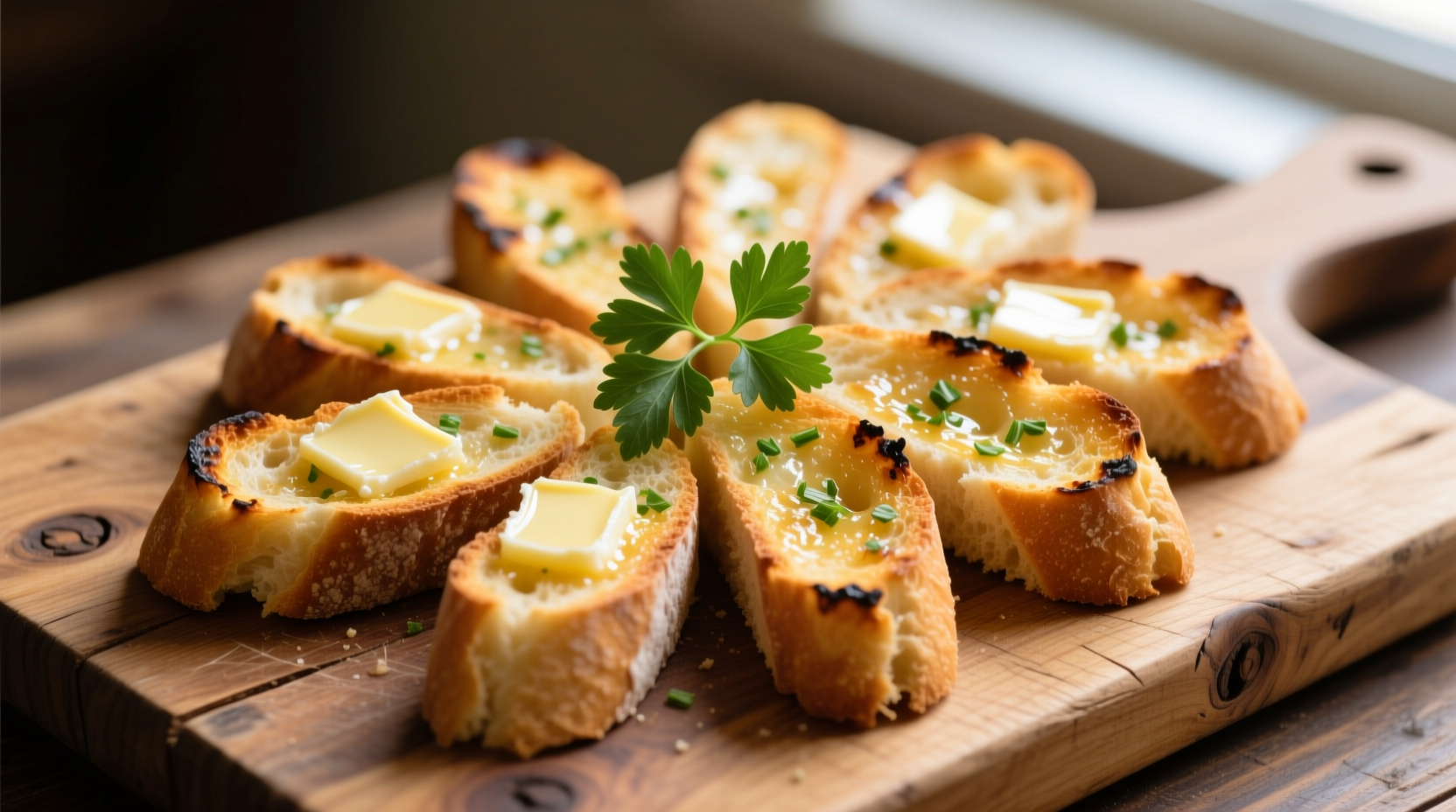 Golden garlic bread slices on wooden cutting board