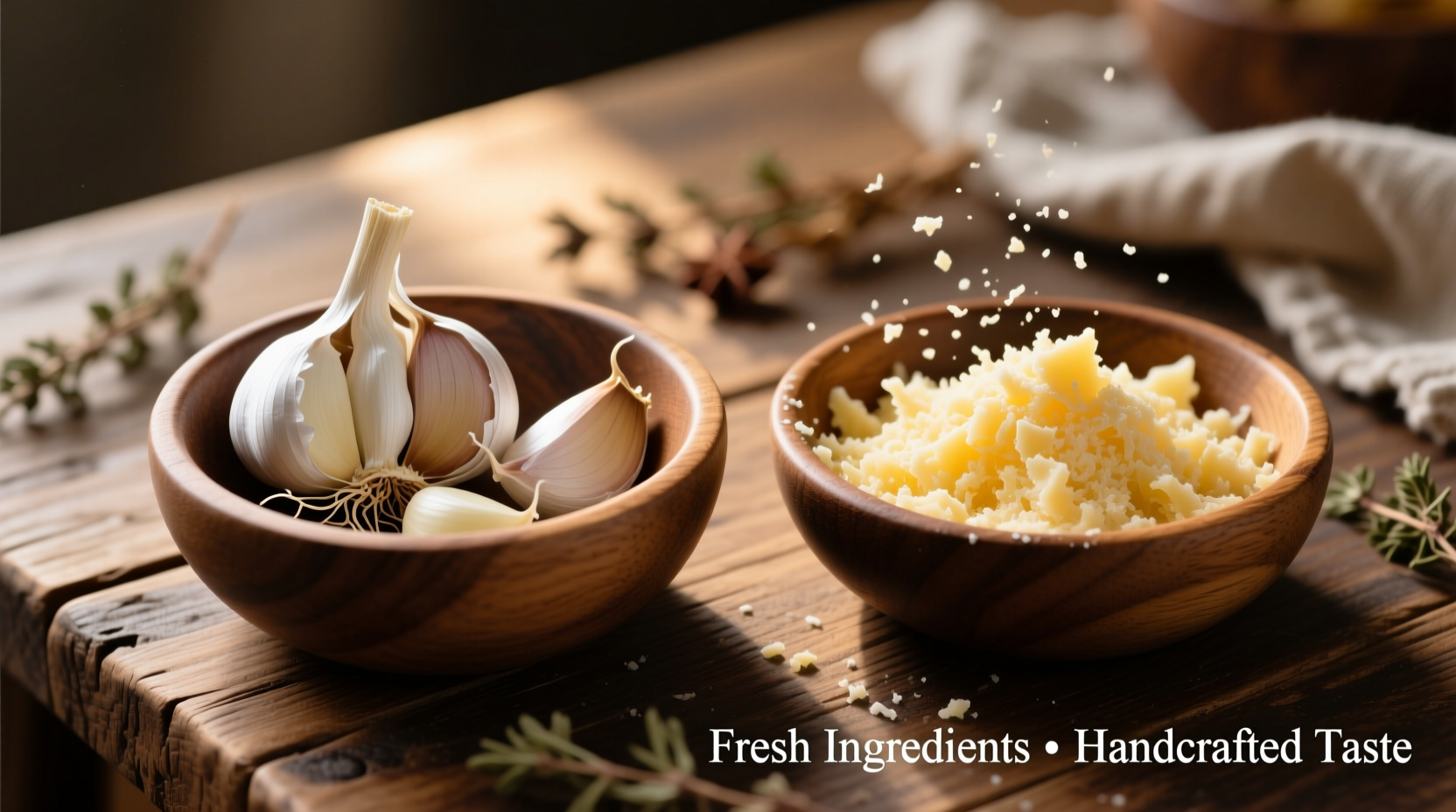 Fresh garlic and grated parmesan in wooden bowls