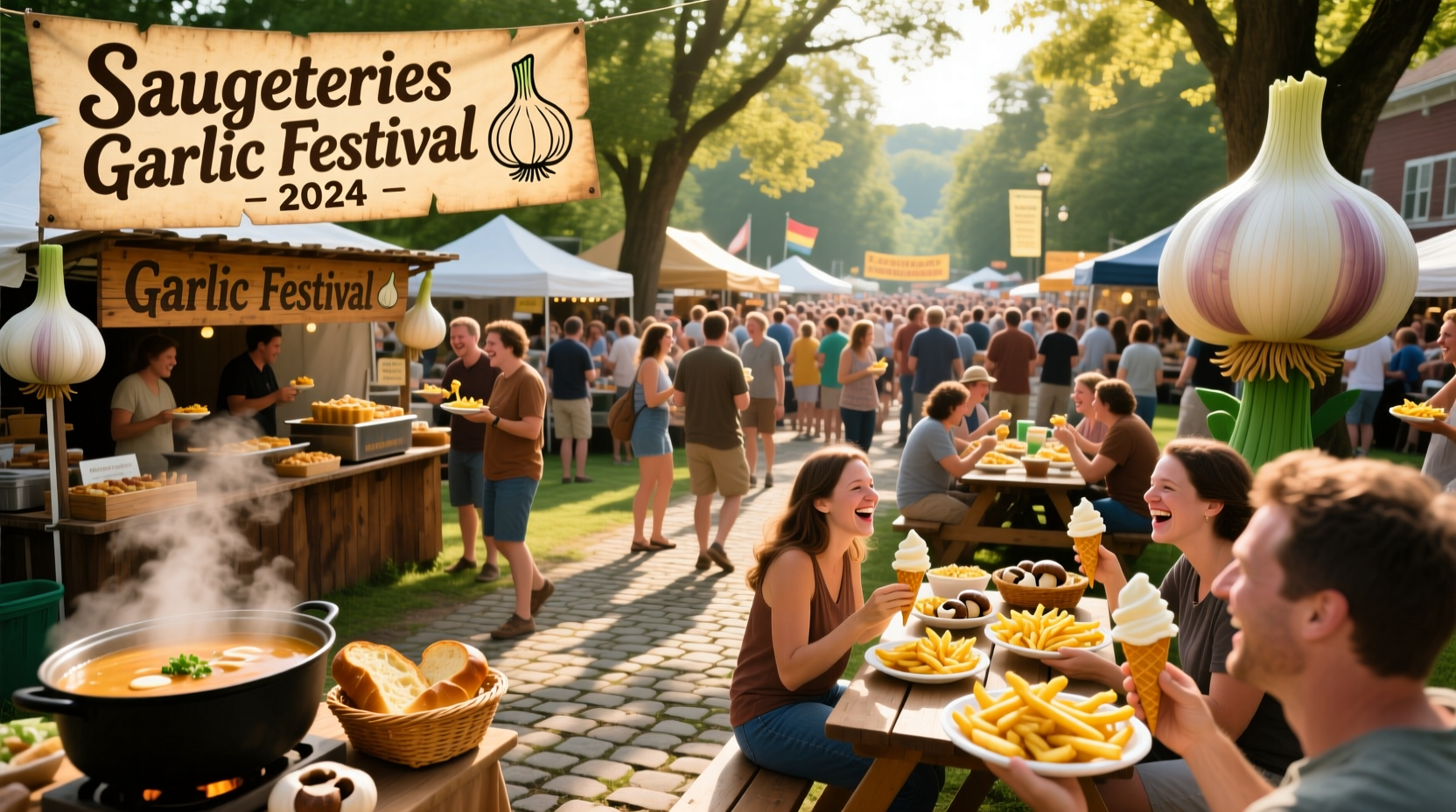 Crowd enjoying garlic dishes at Saugerties Garlic Festival