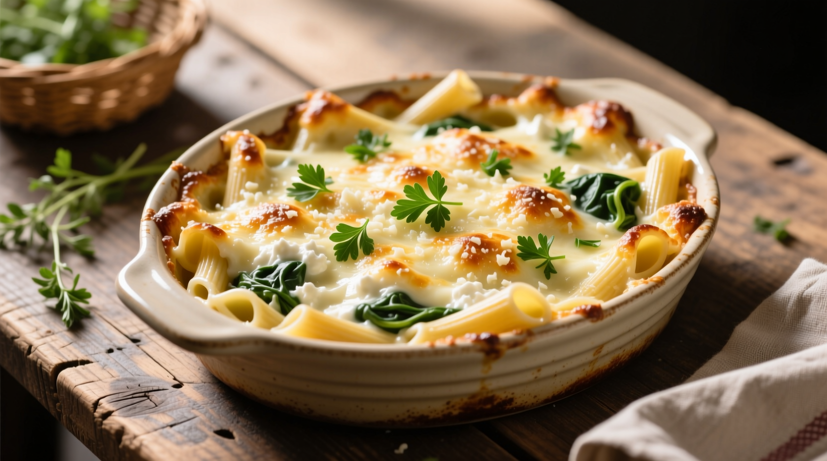 Creamy ricotta spinach pasta in baking dish