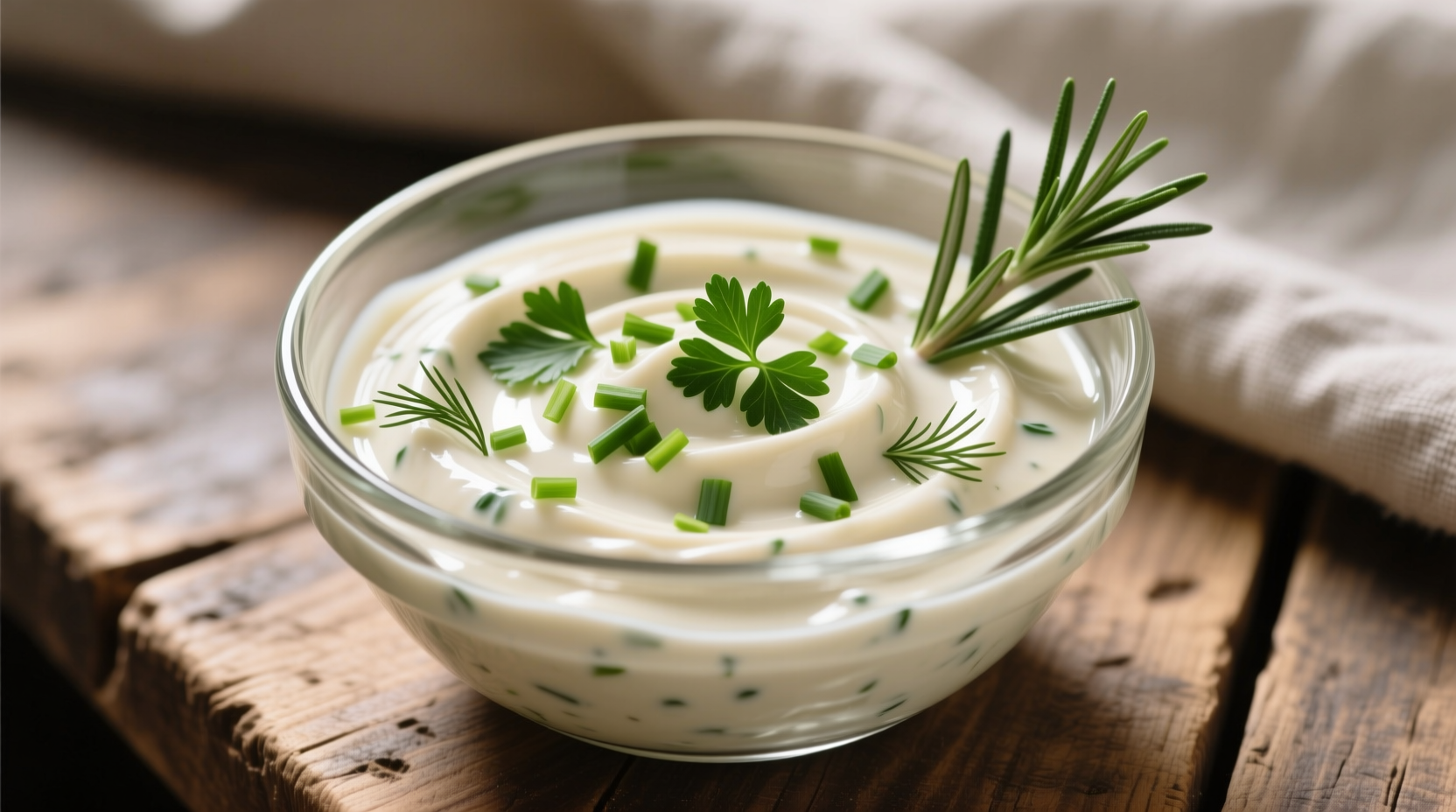 Creamy cauliflower dressing in glass bowl with fresh herbs