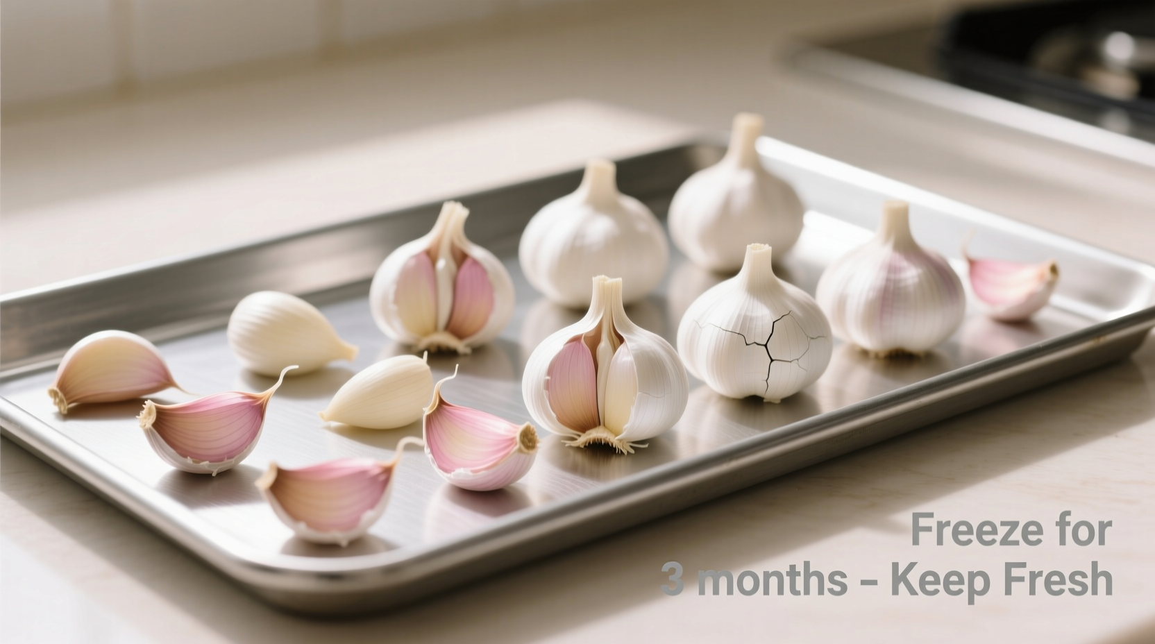 Peeled garlic cloves arranged on baking sheet for flash-freezing