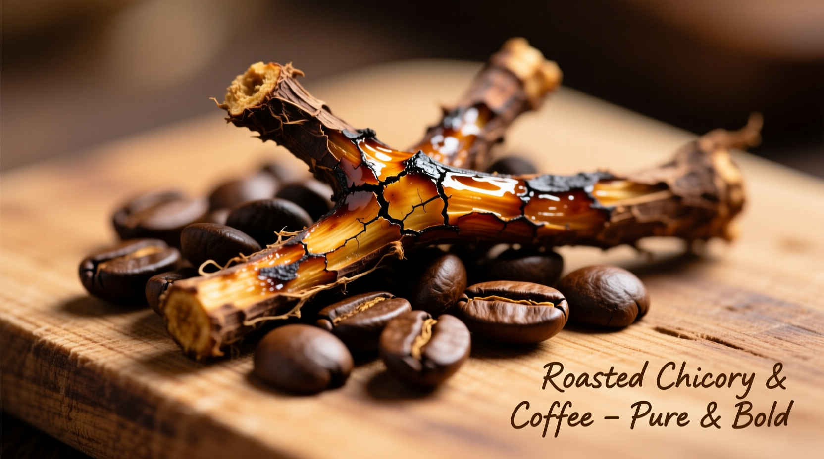 Close-up of roasted chicory root next to coffee beans