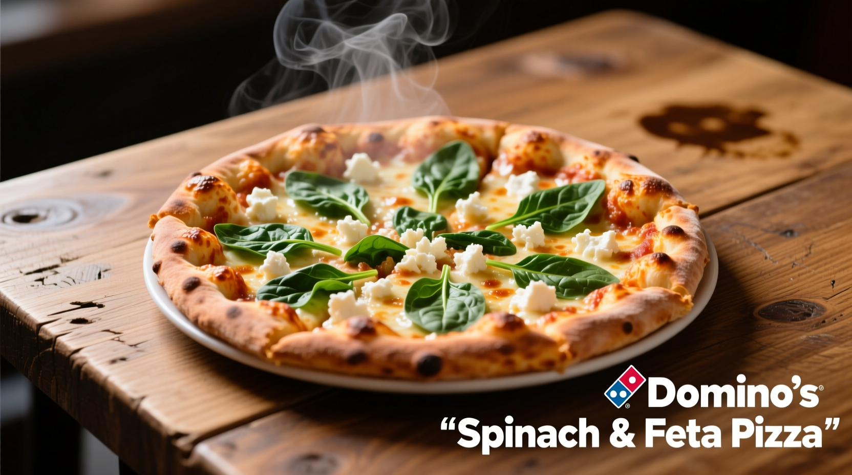 Domino's Spinach & Feta Pizza on a wooden table