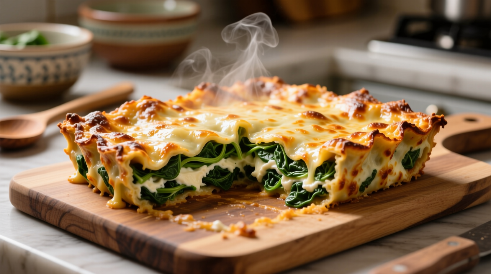 Fresh spinach lasagna with bubbling cheese edges