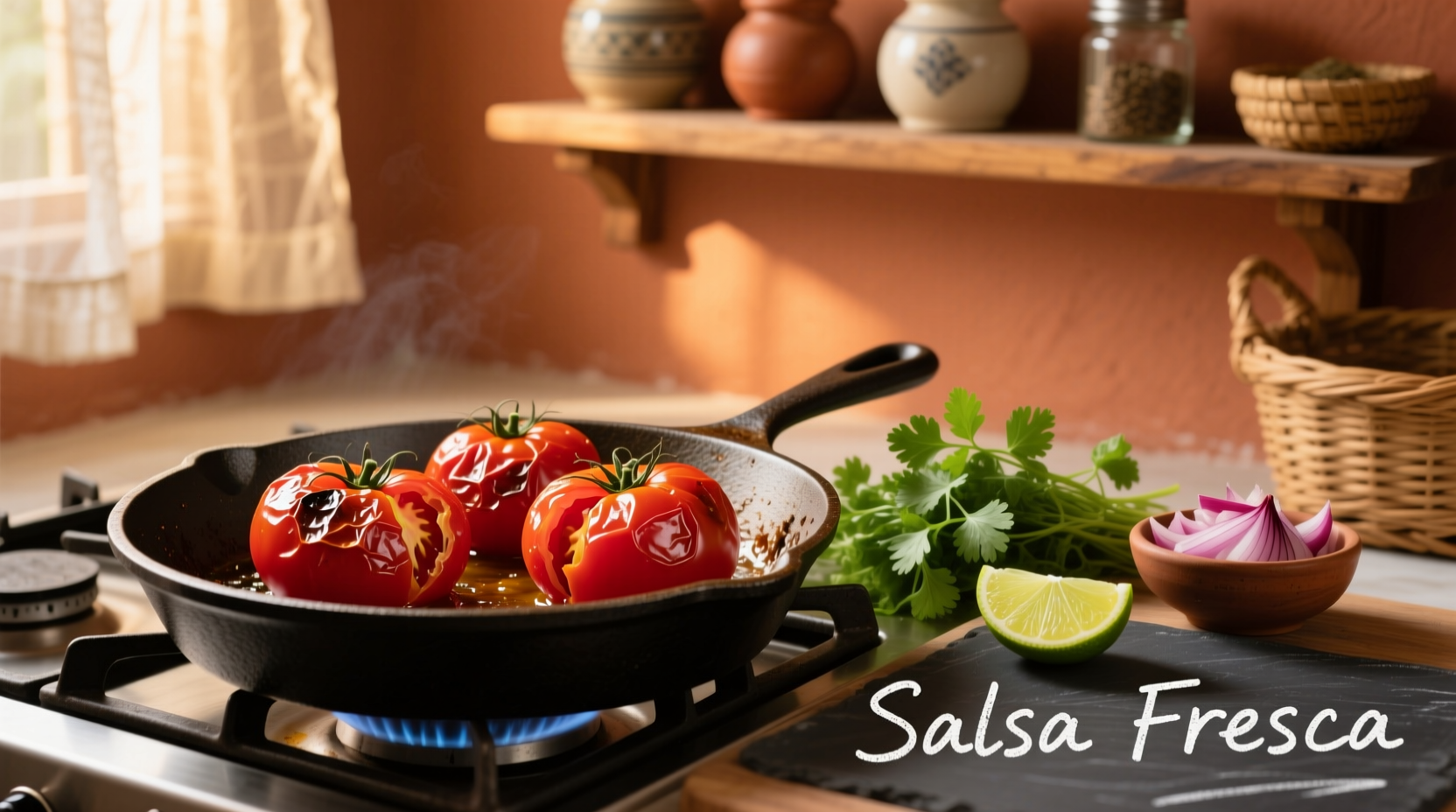Roma tomatoes roasting for salsa preparation