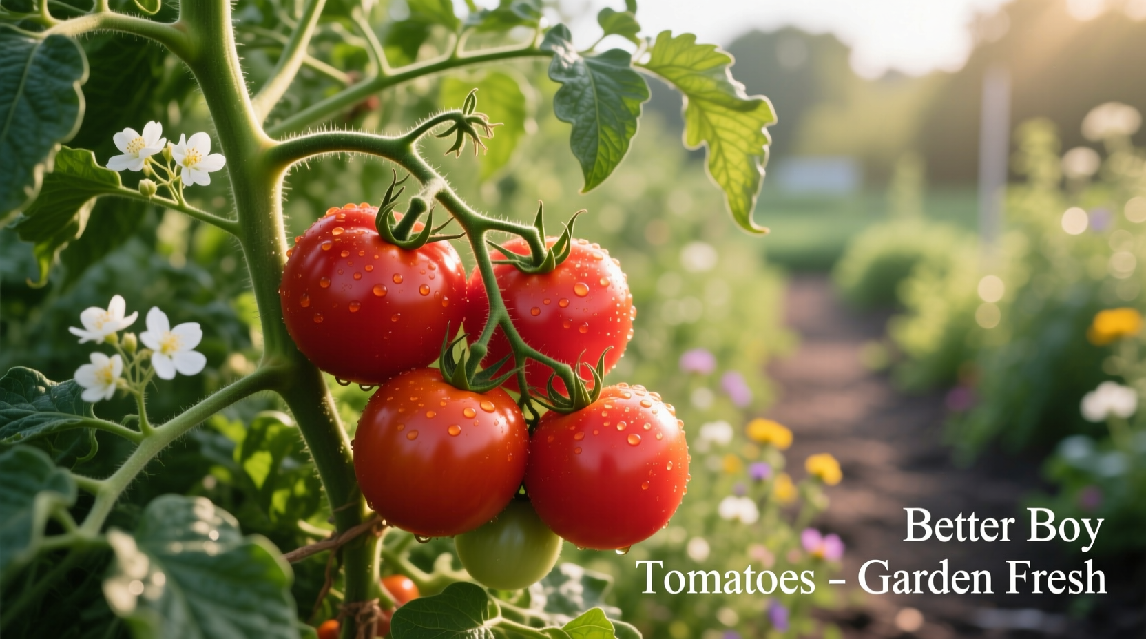 Ripe Better Boy tomatoes on vine in garden