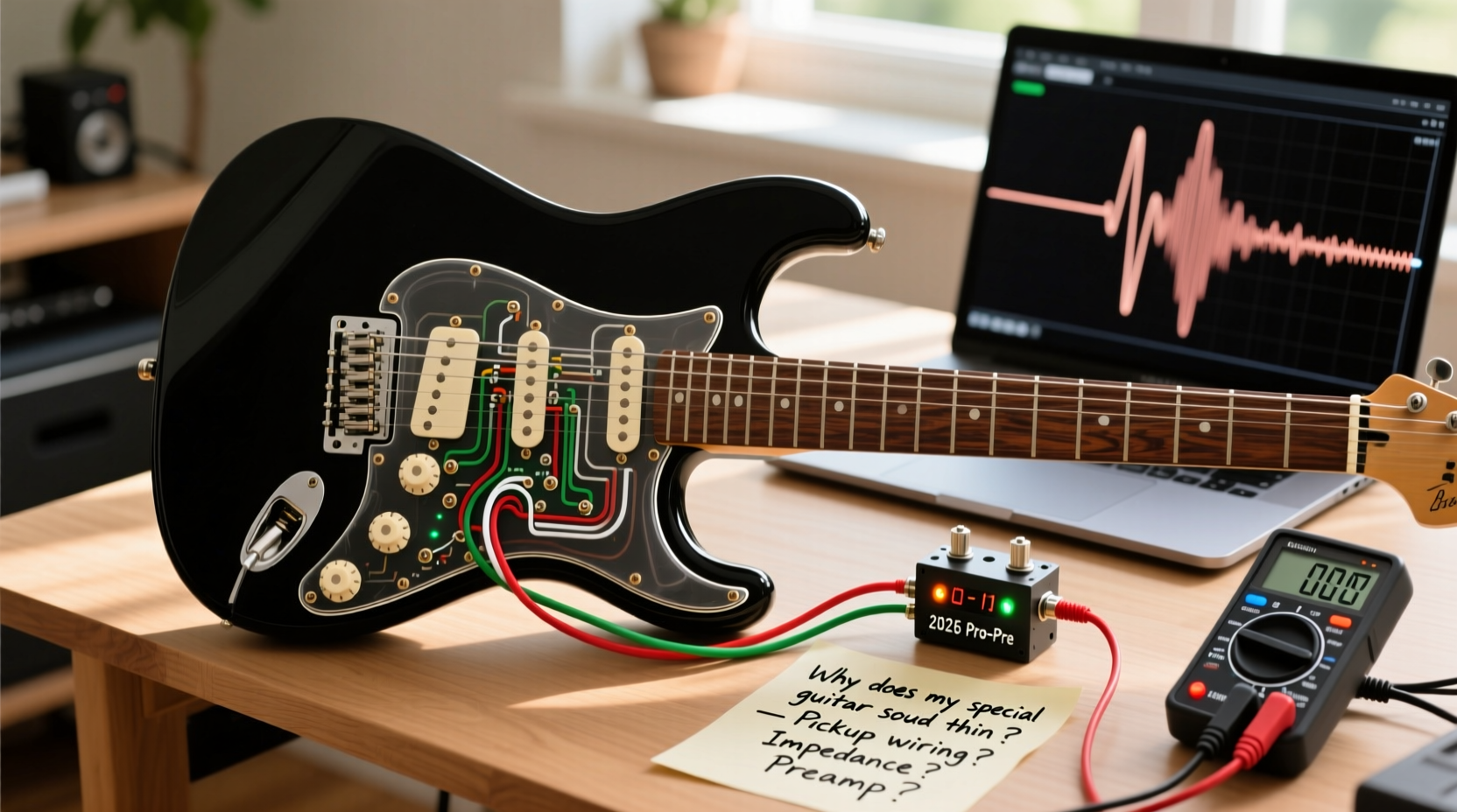 Why does my special guitar sound thin and lifeless in home studio recordings in 2026 — pickup wiring, impedance mismatch, or preamp issue?