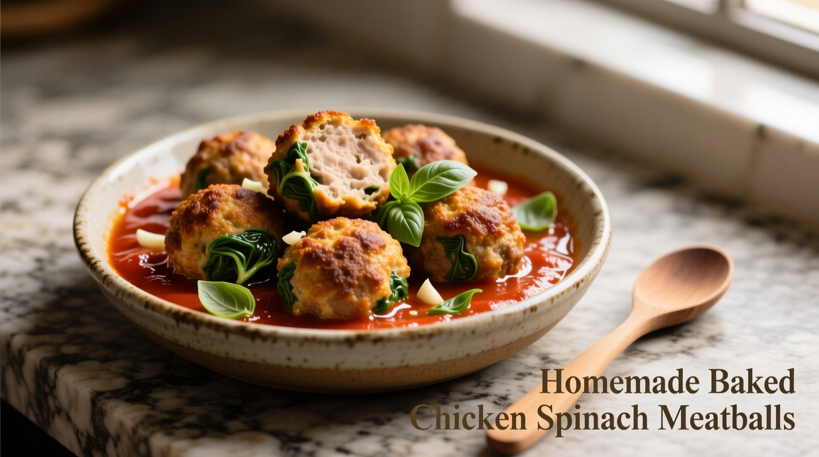 Baked chicken spinach meatballs with marinara sauce