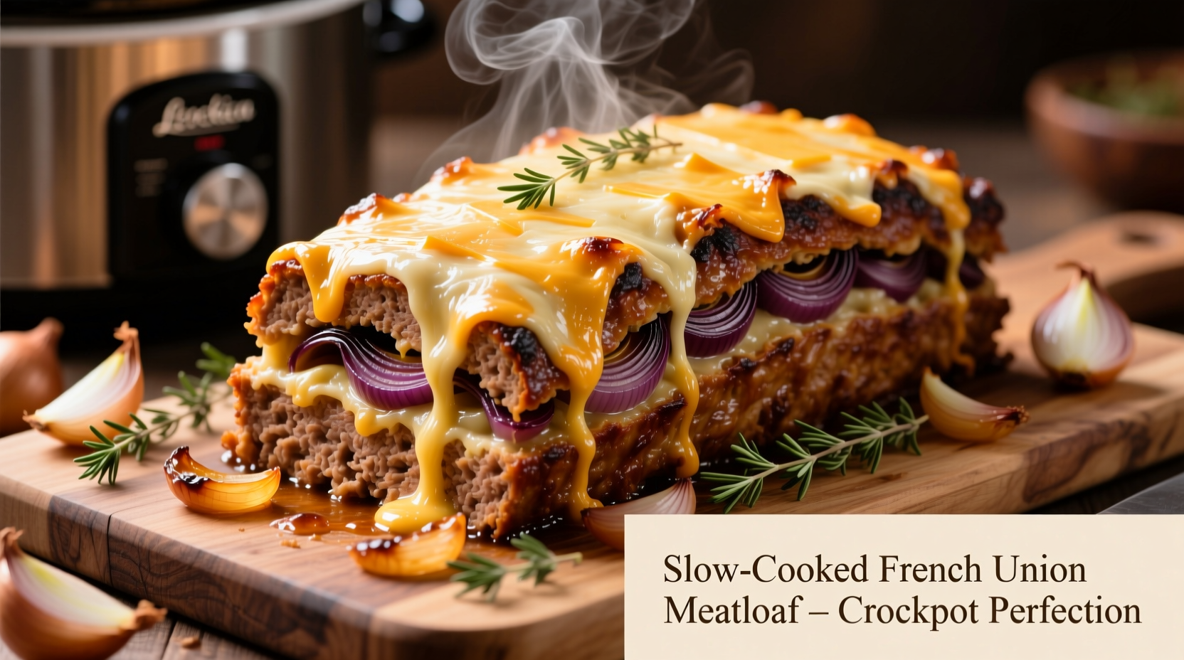 Finished crockpot meatloaf with melted Swiss cheese