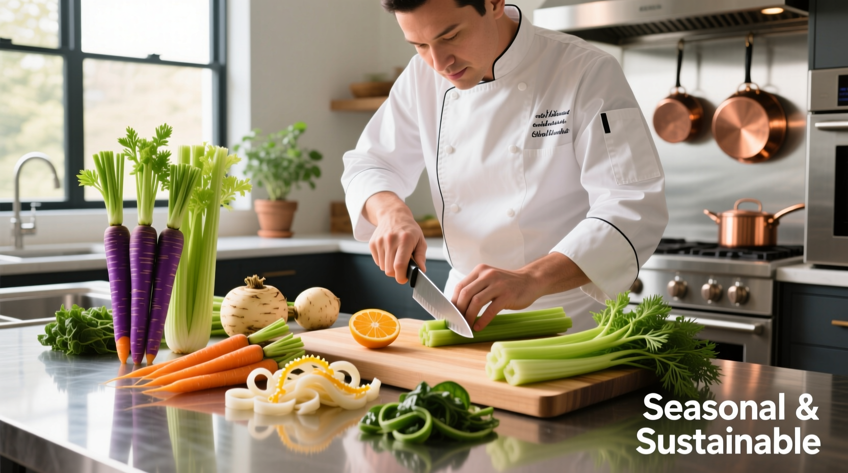 Chef preparing vegetable alternatives to celery in kitchen
