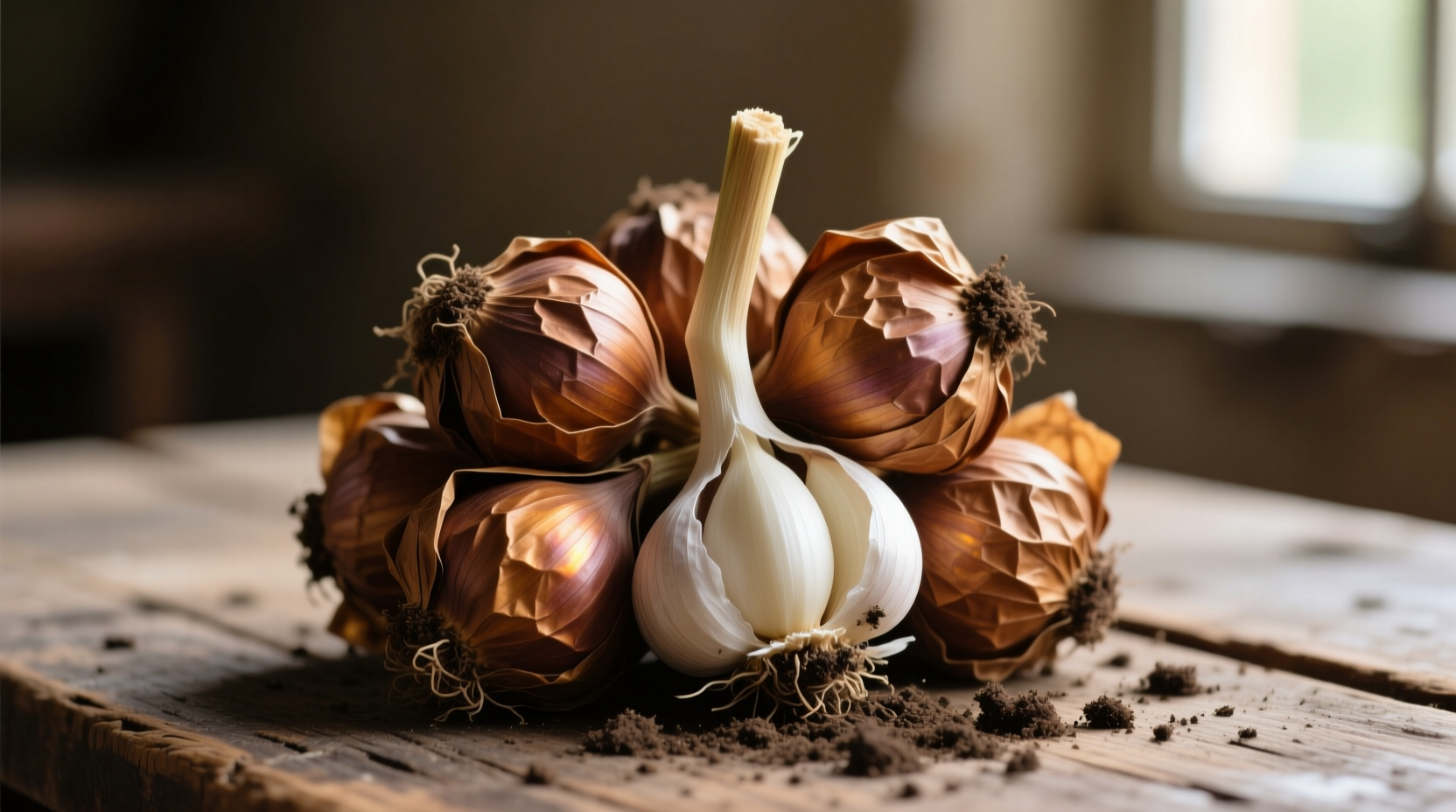 Rocambole garlic bulbs with characteristic brown wrappers