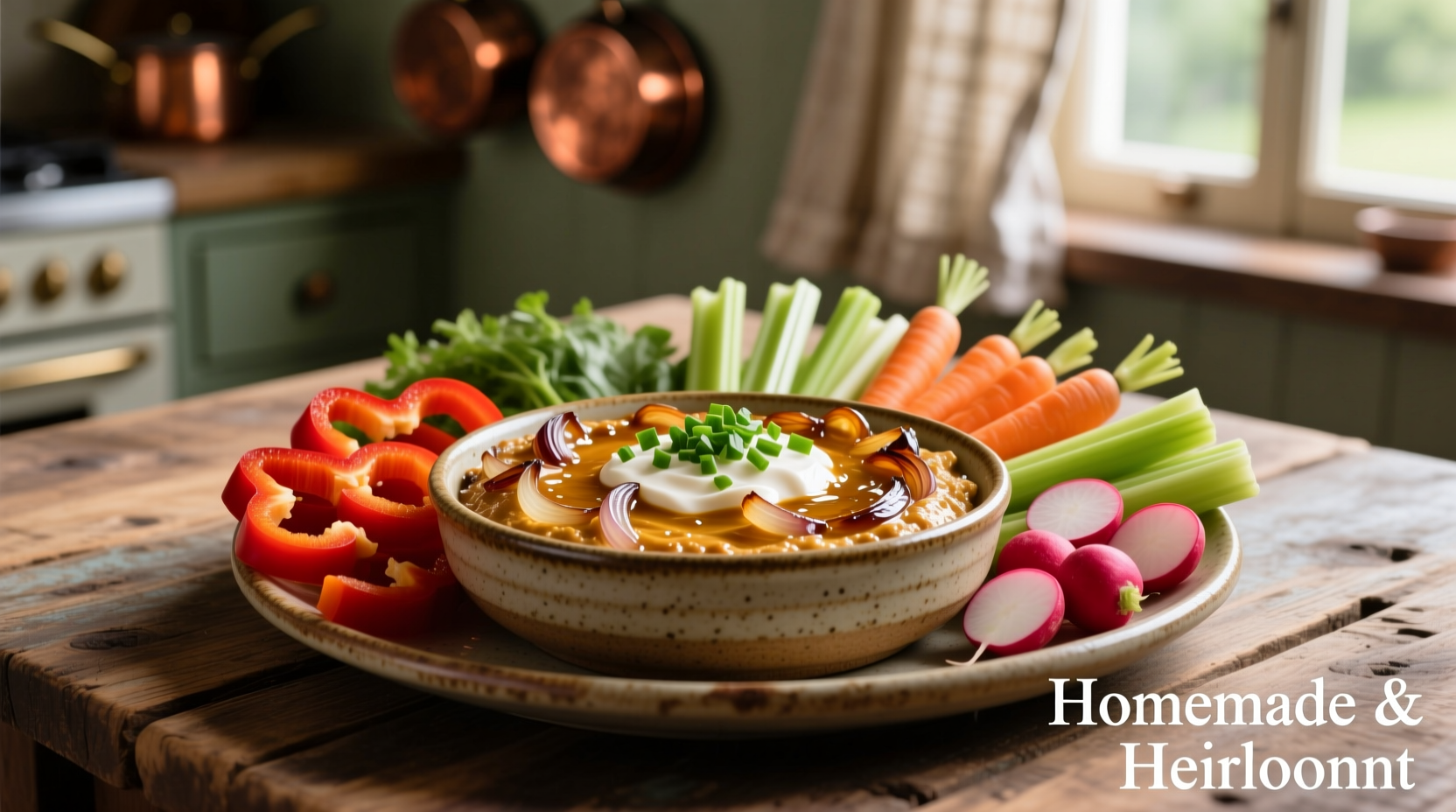 Homemade French onion dip with fresh vegetables