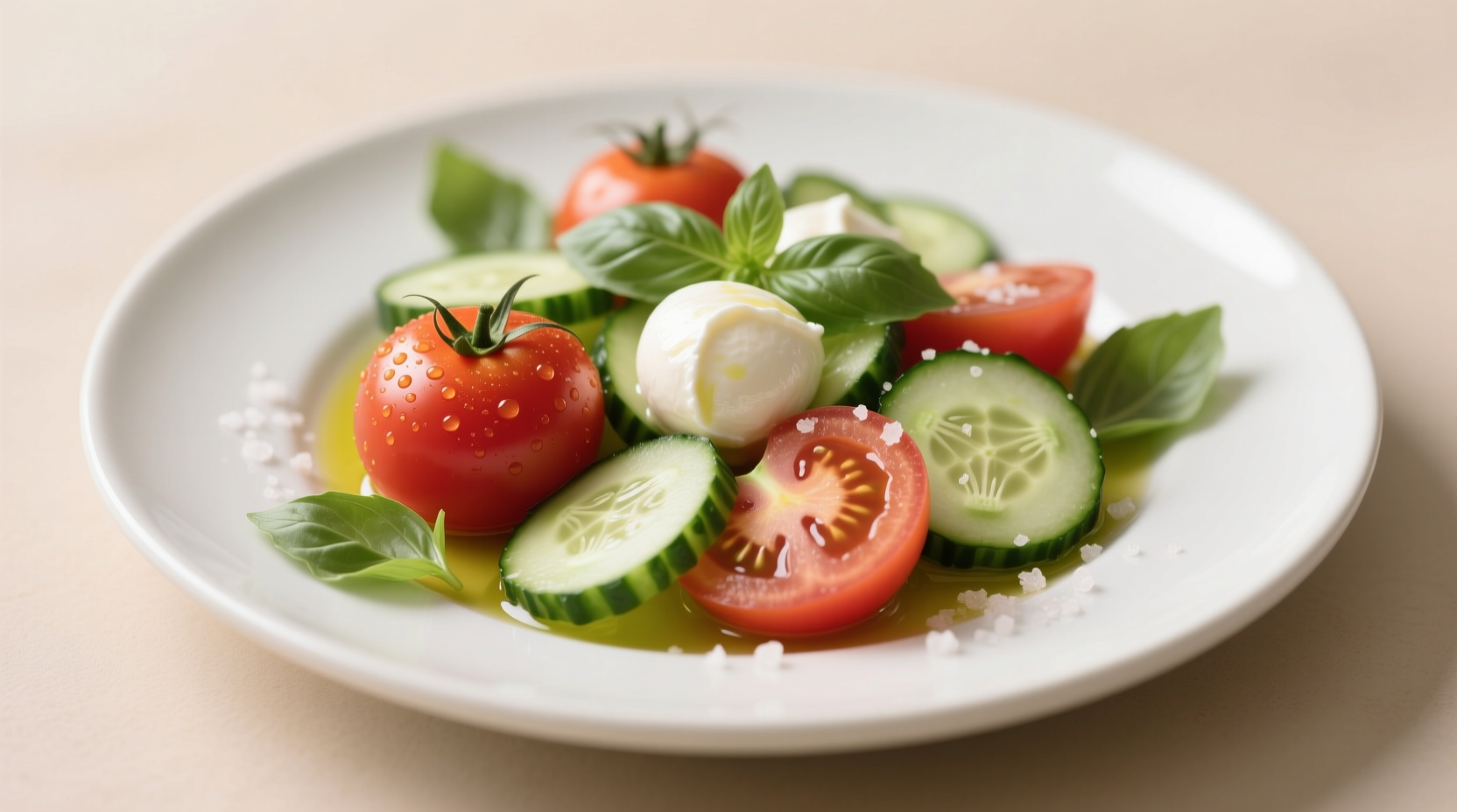 Fresh cucumber tomato mozzarella salad on white plate