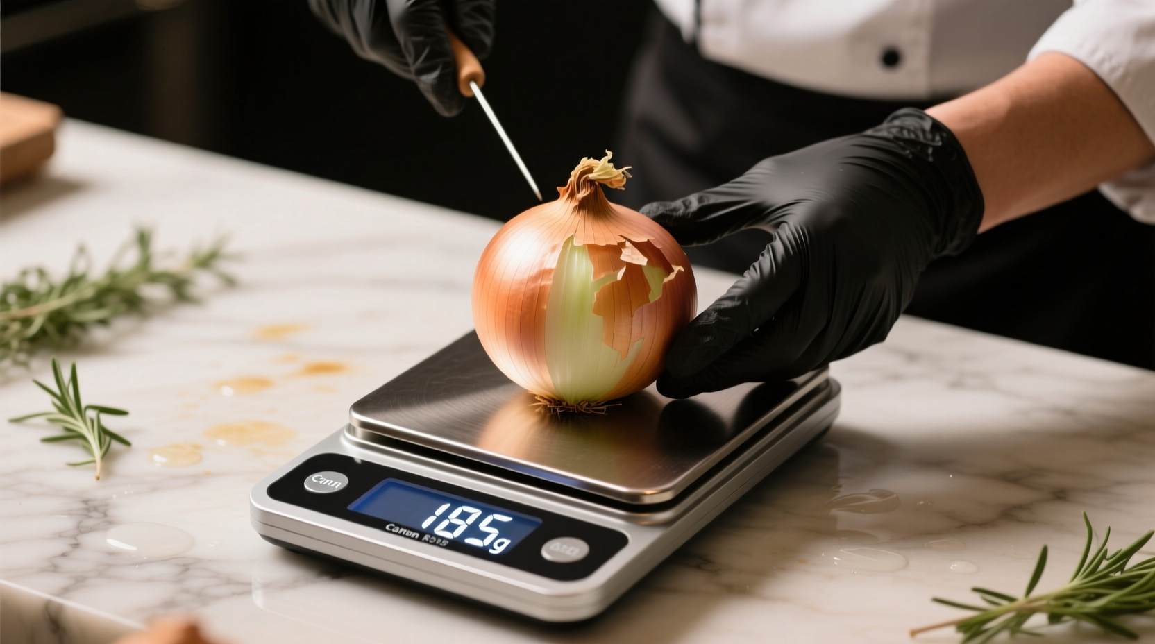 Chef weighing medium onion on digital kitchen scale