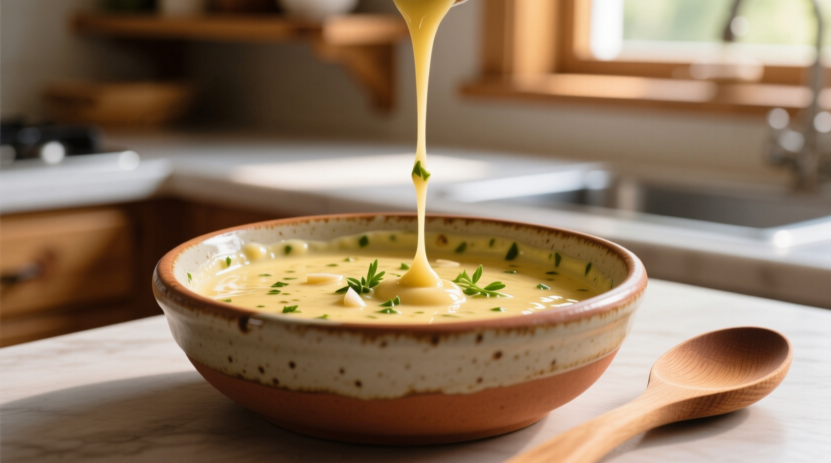 Homemade garlic butter sauce in ceramic bowl