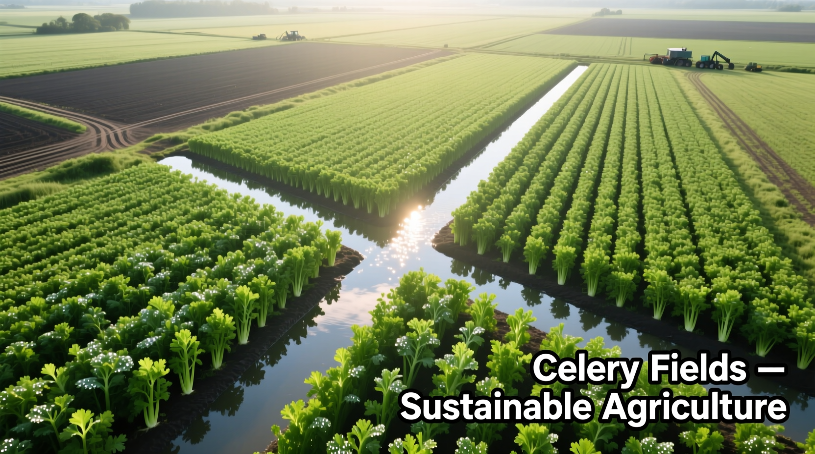 Aerial view of celery fields with irrigation channels
