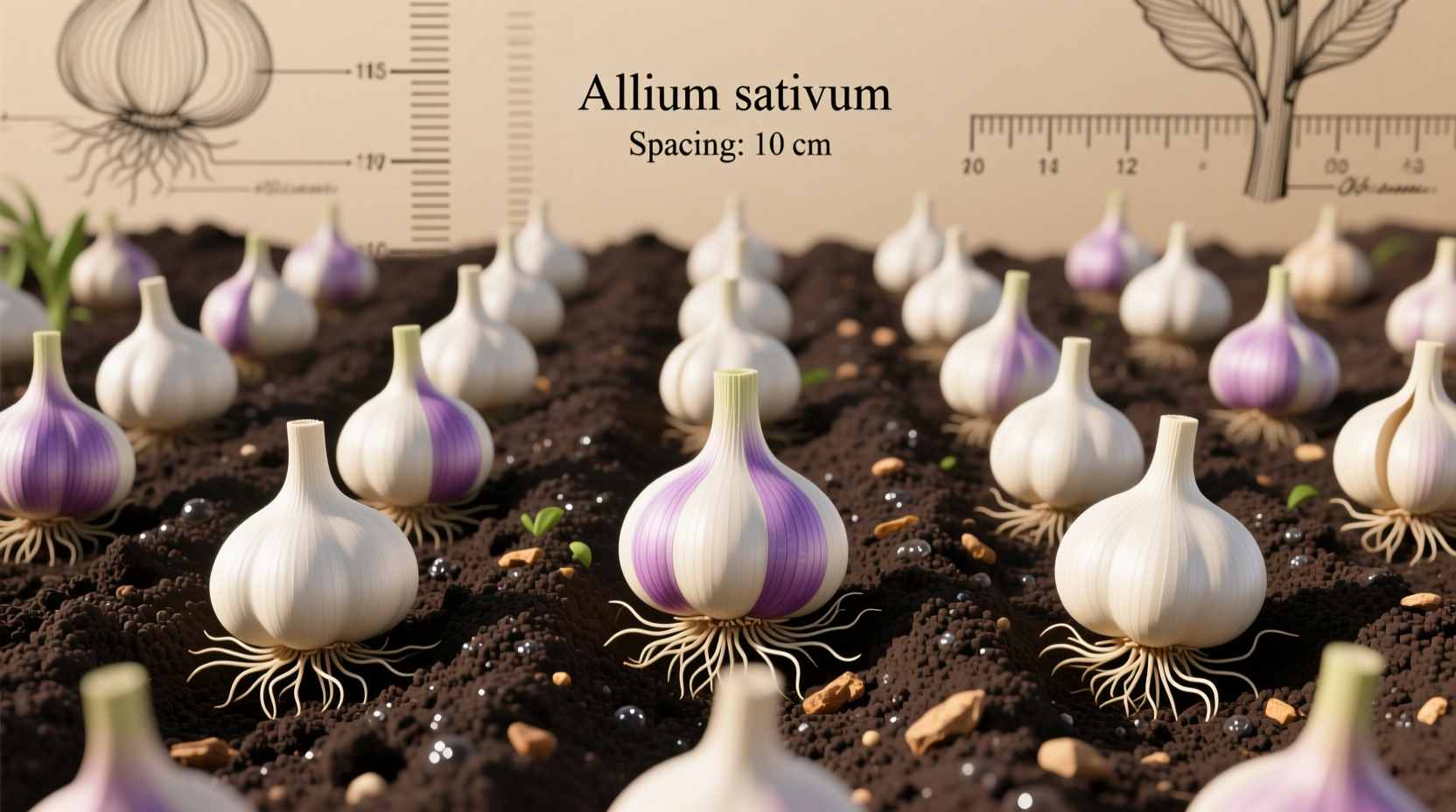 Garlic cloves planted in soil with proper spacing