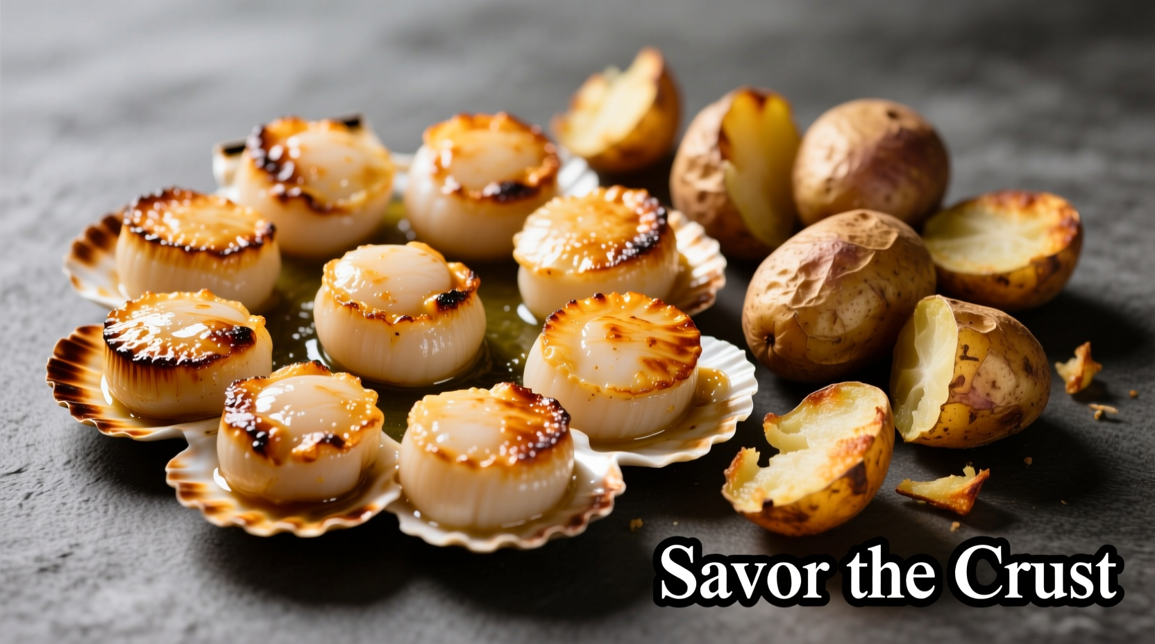 Golden seared scallops with crispy roasted potatoes