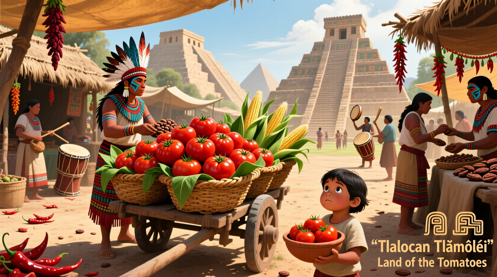 Ancient Aztec market scene with tomatoes