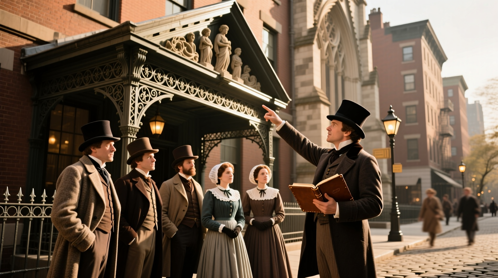 Historical walking tour group examining architecture in New York City