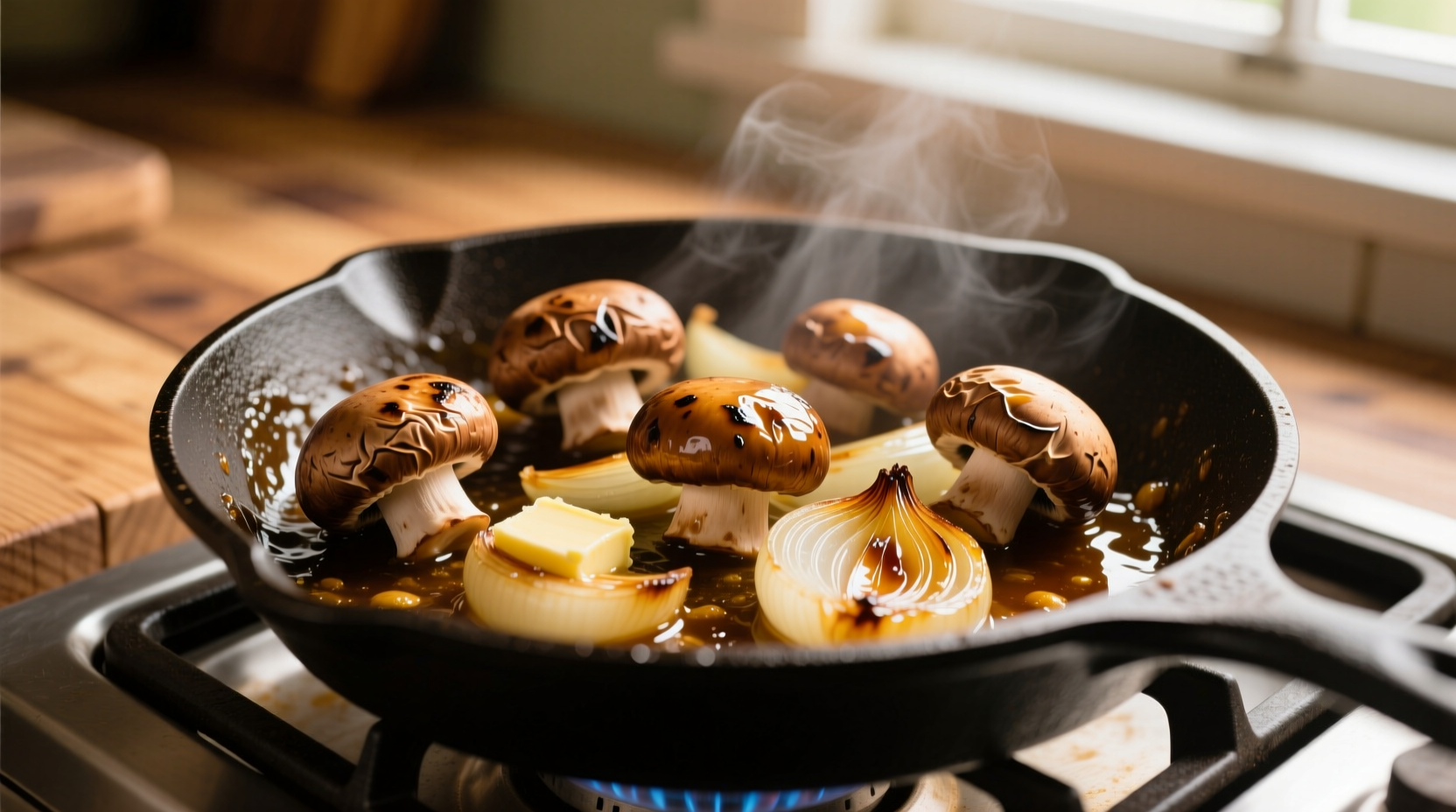 Golden brown mushrooms and caramelized onions in skillet