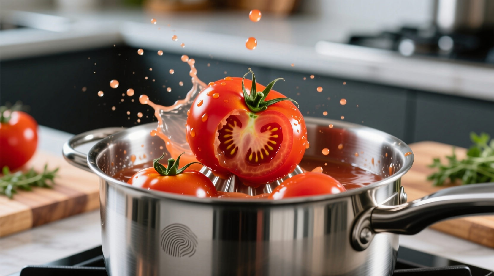 Fresh tomatoes being juiced in stainless steel pot