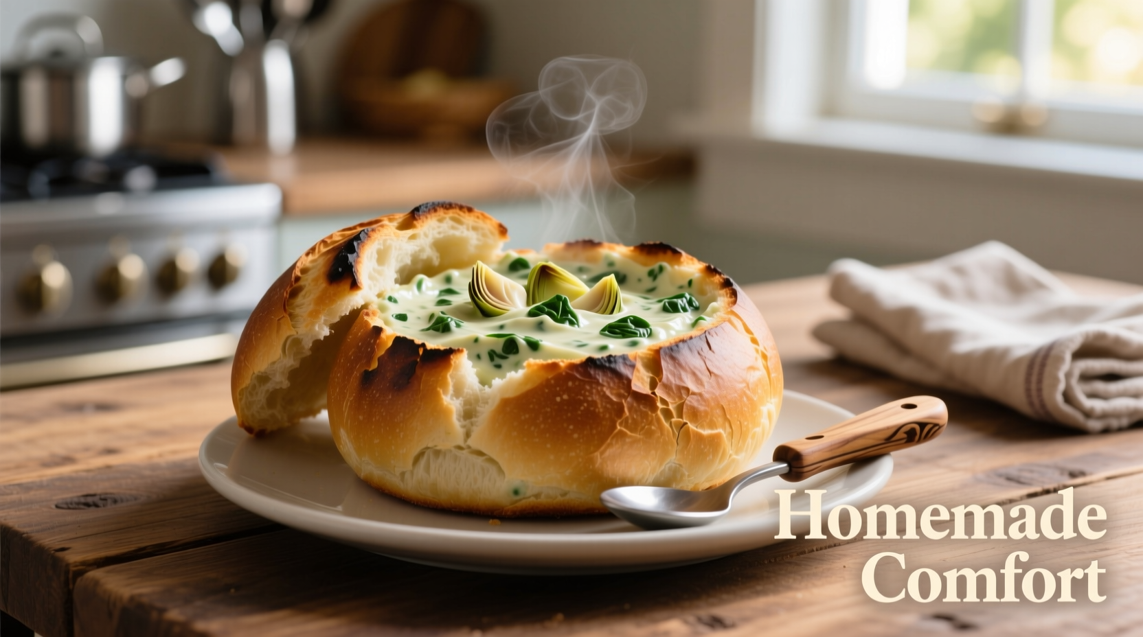 Creamy spinach and artichoke dip served in bread bowl