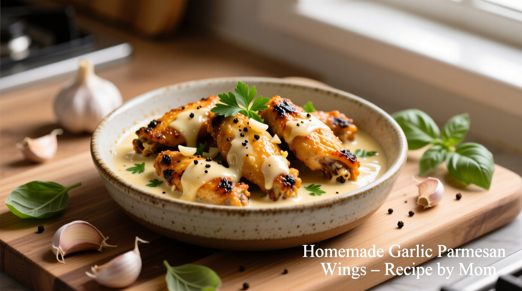 Homemade garlic parmesan sauce in serving bowl with wings