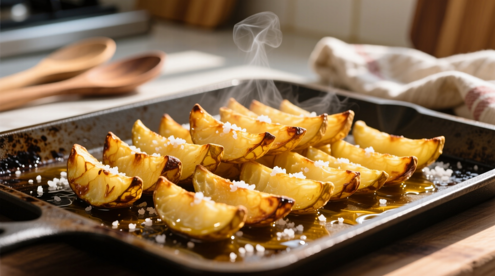 Perfectly golden crispy potato wedges on baking sheet