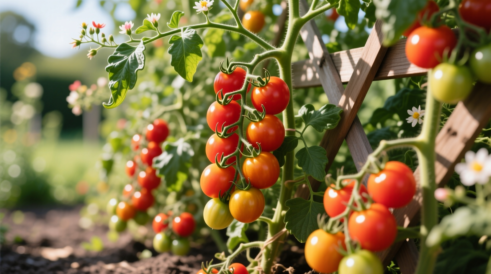 Juliet tomato plant loaded with clusters of golden-red fruits