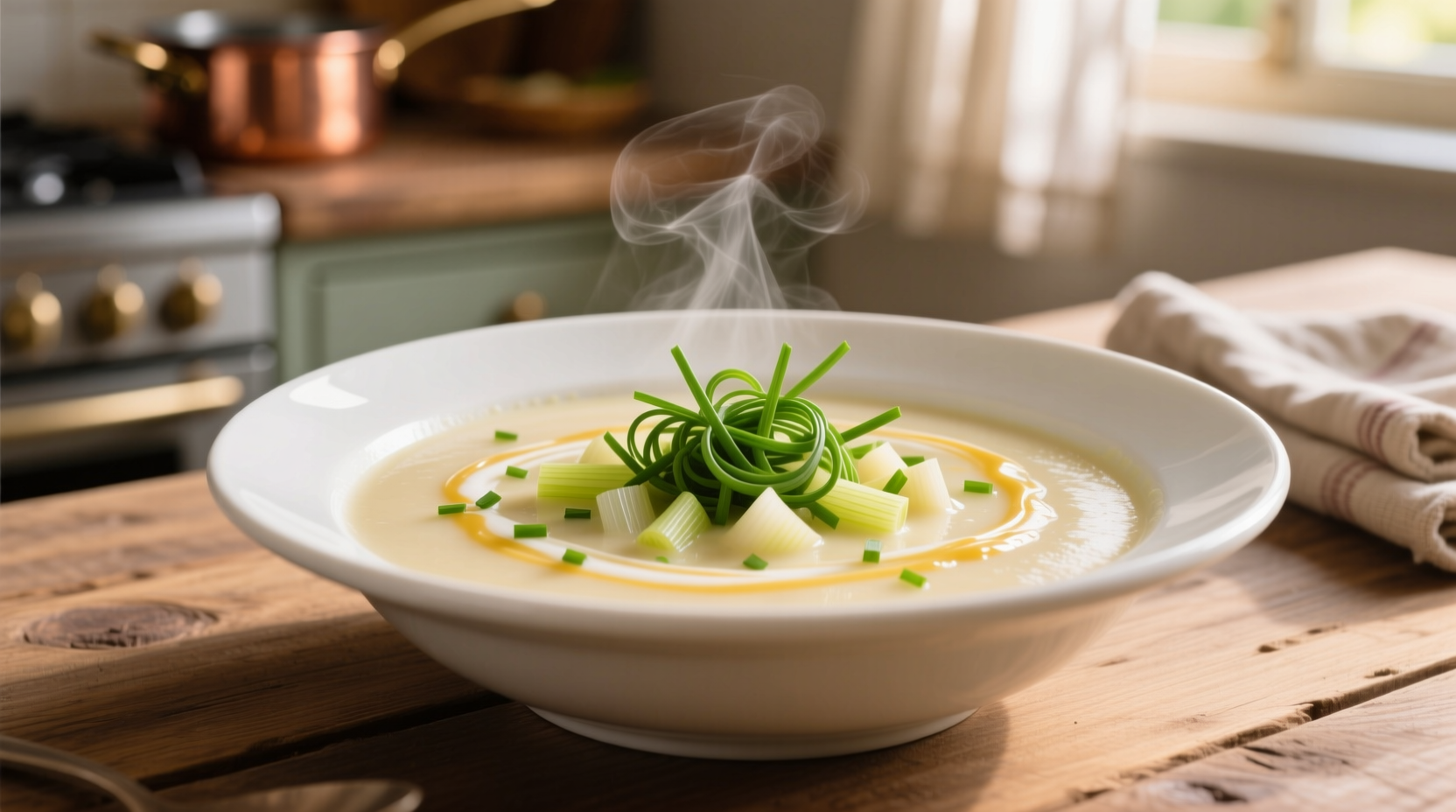 Creamy potato leek soup in white bowl with chives