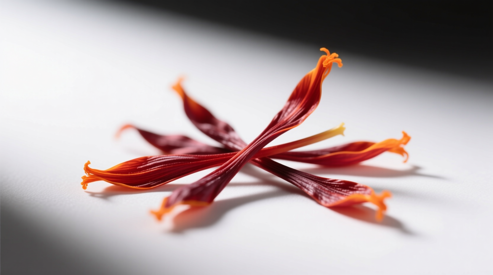Close-up of genuine saffron threads showing deep red stigmas with orange tips against white background