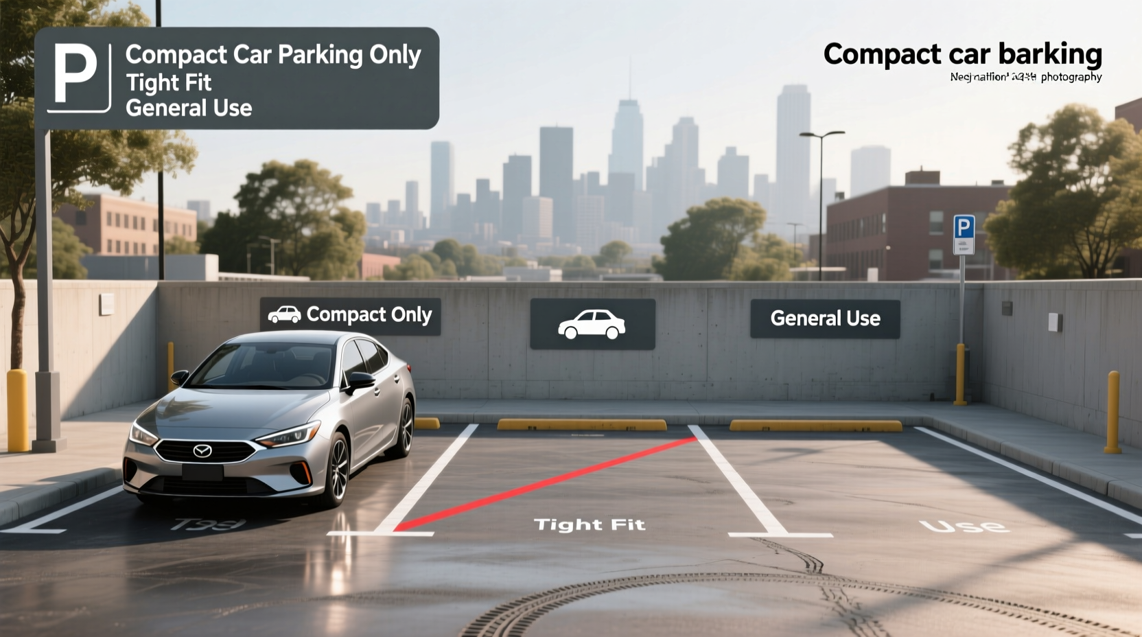 Diagram showing compact car parking space with dimensions and vehicle fit