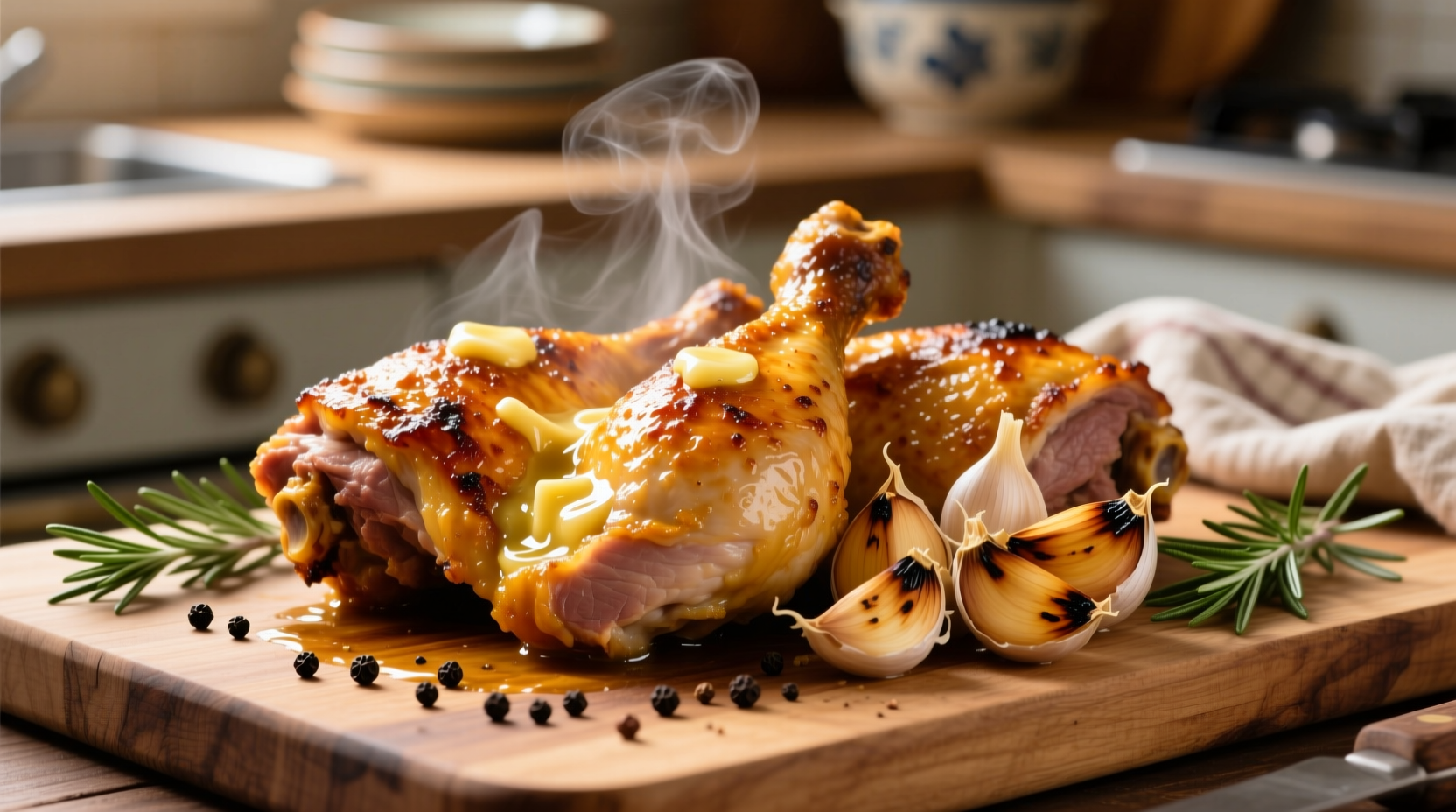 Golden roasted chicken thighs with garlic cloves