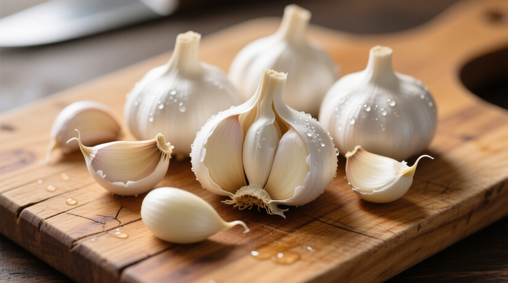 Fresh garlic cloves with husks removed on wooden cutting board