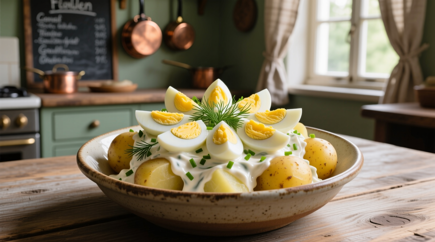 Traditional German potato salad with sliced eggs