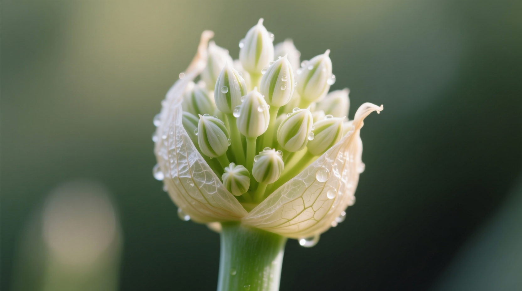 Close-up of walking onion bulbils forming at stem tip